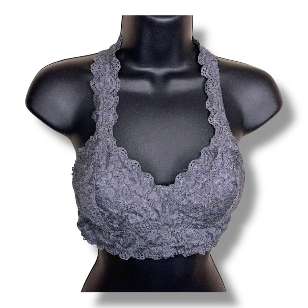 Medium Felina Grey Lace Bralette Womens Glam Wireless Comfort Unlined Racerback